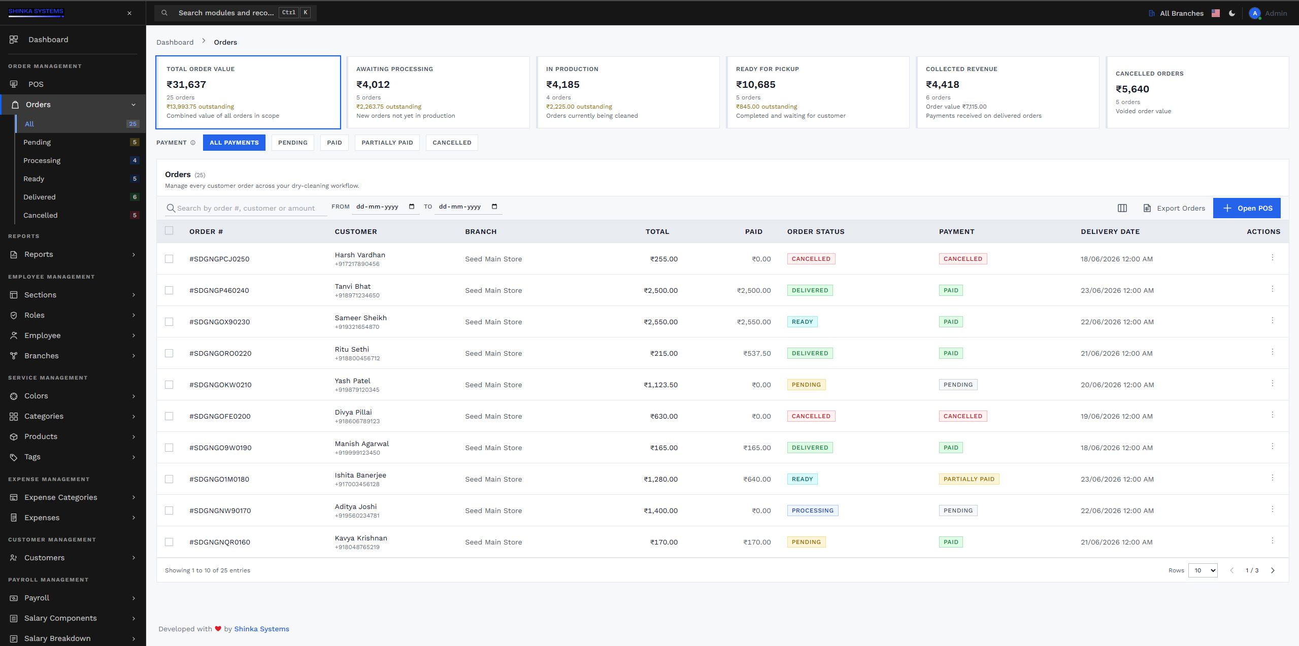 Dry Cleaner EPOS order management screen